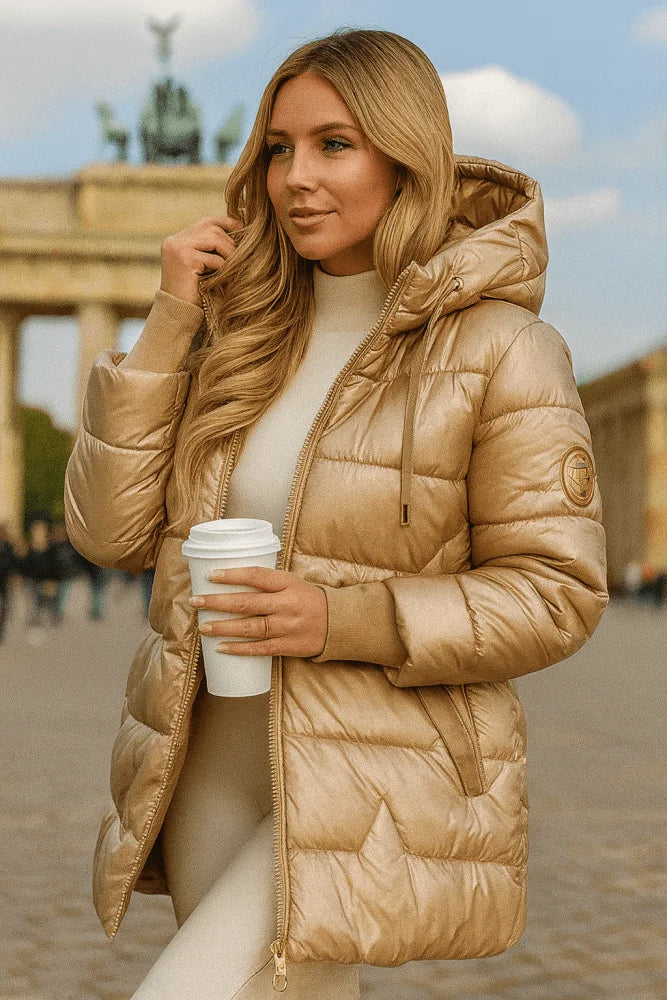Women's Quilted Metallic Hooded Puffer Jacket – Full Zip Closure