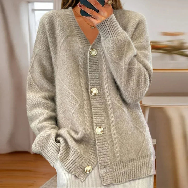 Women's Relaxed-Fit Cable Knit Cardigan Sweater – V-Neck Button-Front
