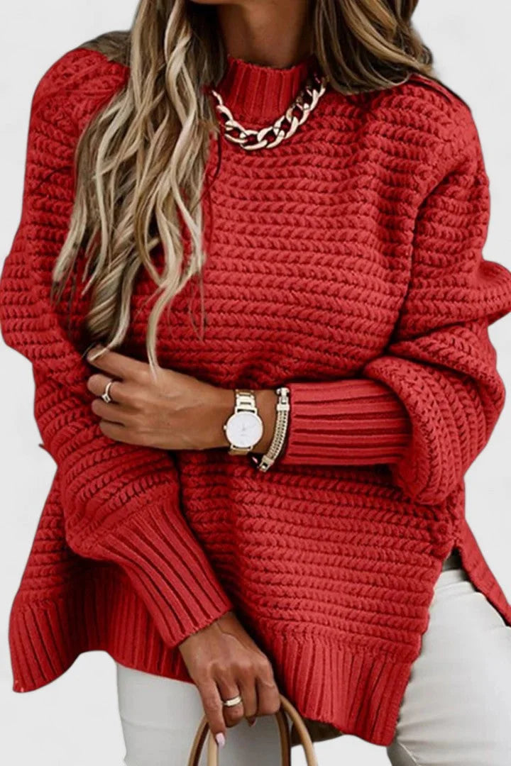 Women's Relaxed-Fit Chunky Knit Sweater – Mock Neck And Side-Slit Hem