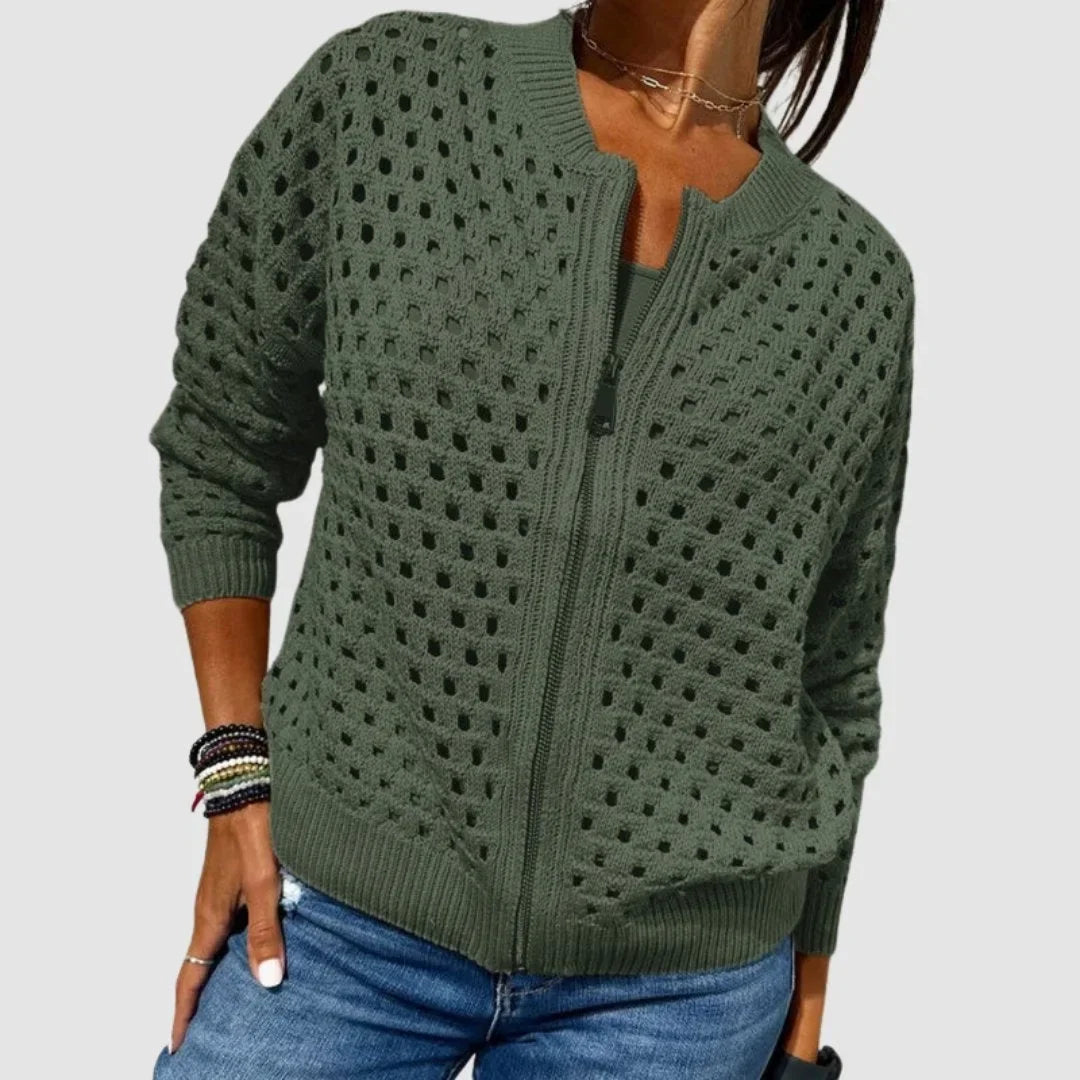 Women's Relaxed-Fit Hollow-Knit Zip-Up Cardigan