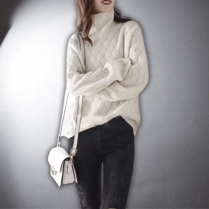 Women's Relaxed-Fit Knit Basketweave Sweater – Turtleneck