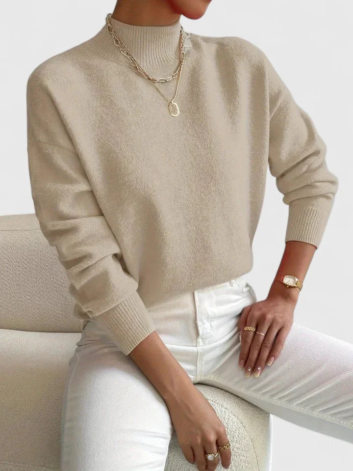 Women's Relaxed Fit Knit Sweater – High-Neck And Ribbed Cuffs