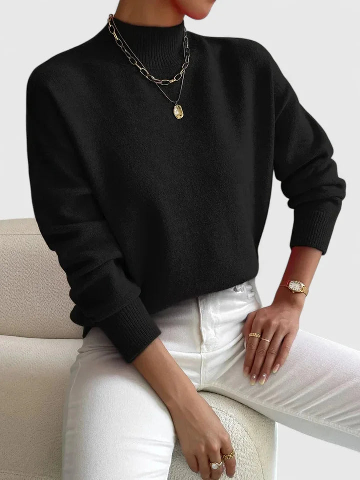 Women's Relaxed Fit Knit Sweater – High-Neck And Ribbed Cuffs