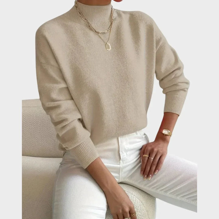 Women's Relaxed Fit Knit Sweater – High-Neck And Ribbed Cuffs