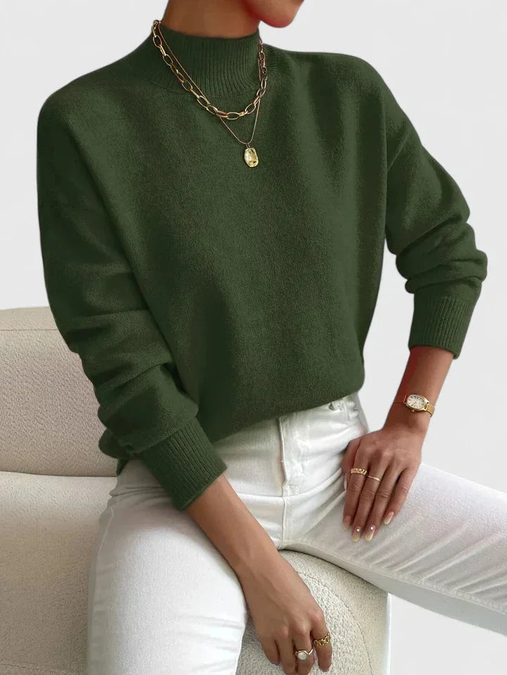 Women's Relaxed Fit Knit Sweater – High-Neck And Ribbed Cuffs