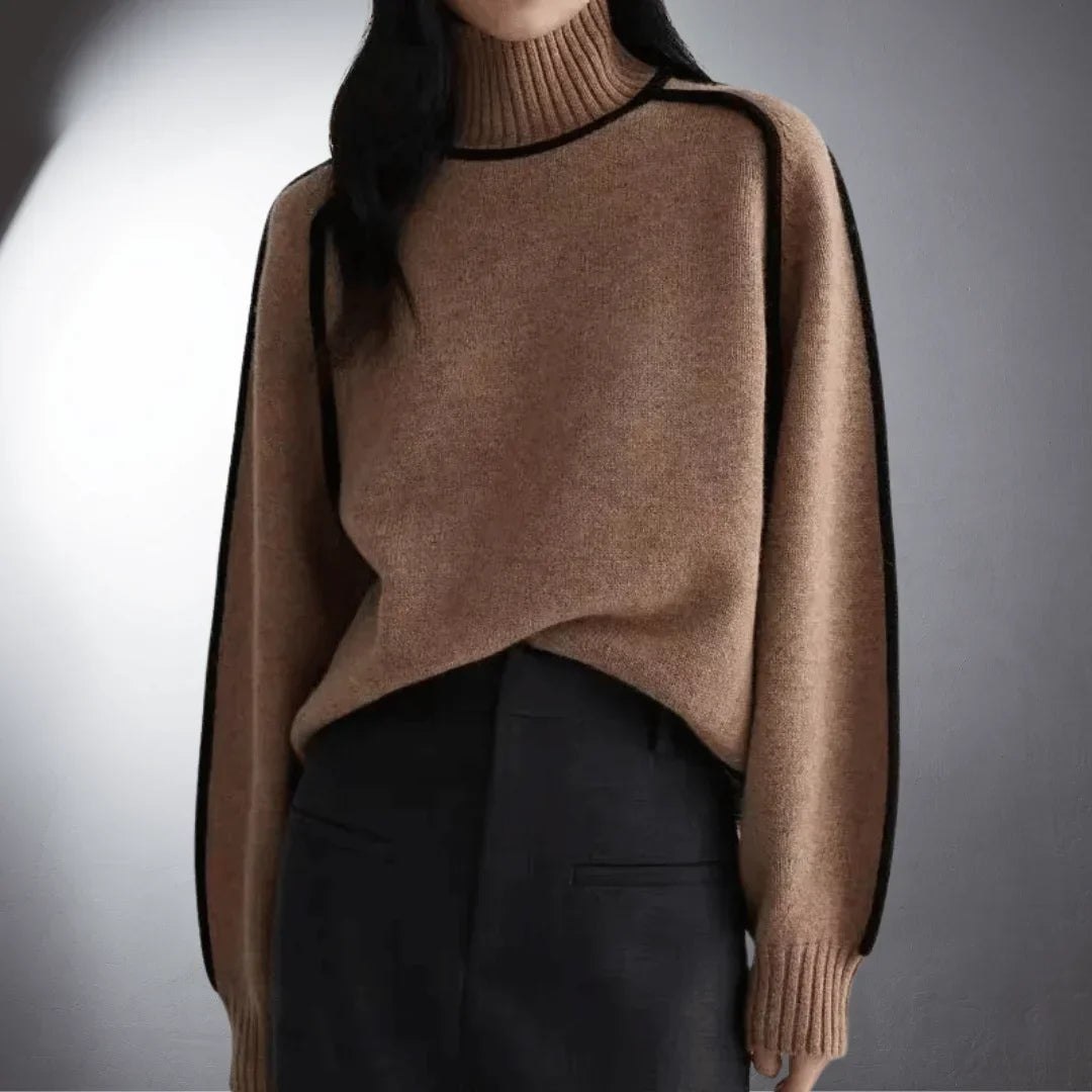Women's Relaxed-Fit Knit Sweater – Turtleneck And Contrasting Raglan Sleeves