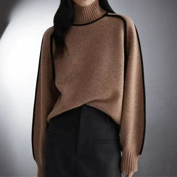 Women's Relaxed-Fit Knit Sweater – Turtleneck And Contrasting Raglan Sleeves