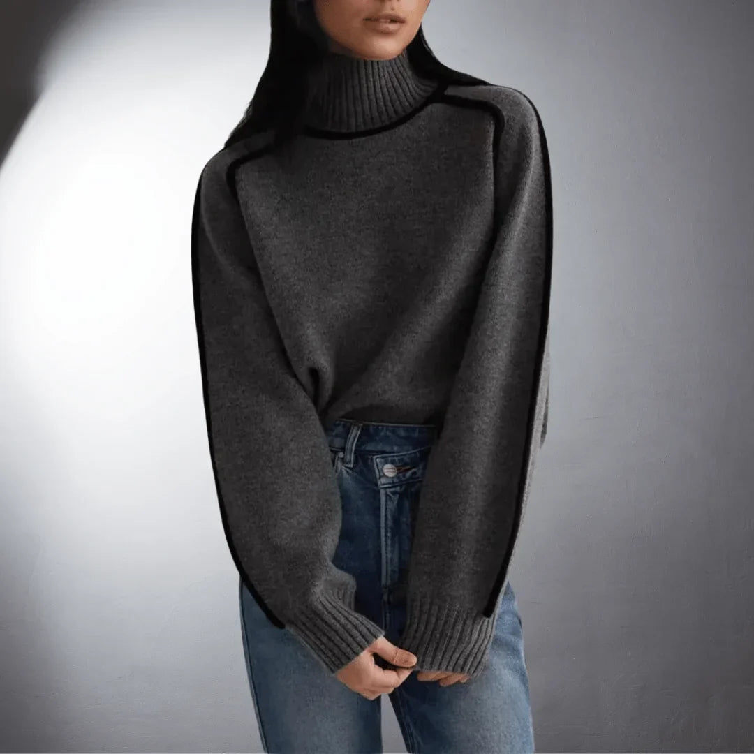 Women's Relaxed-Fit Knit Sweater – Turtleneck And Contrasting Raglan Sleeves