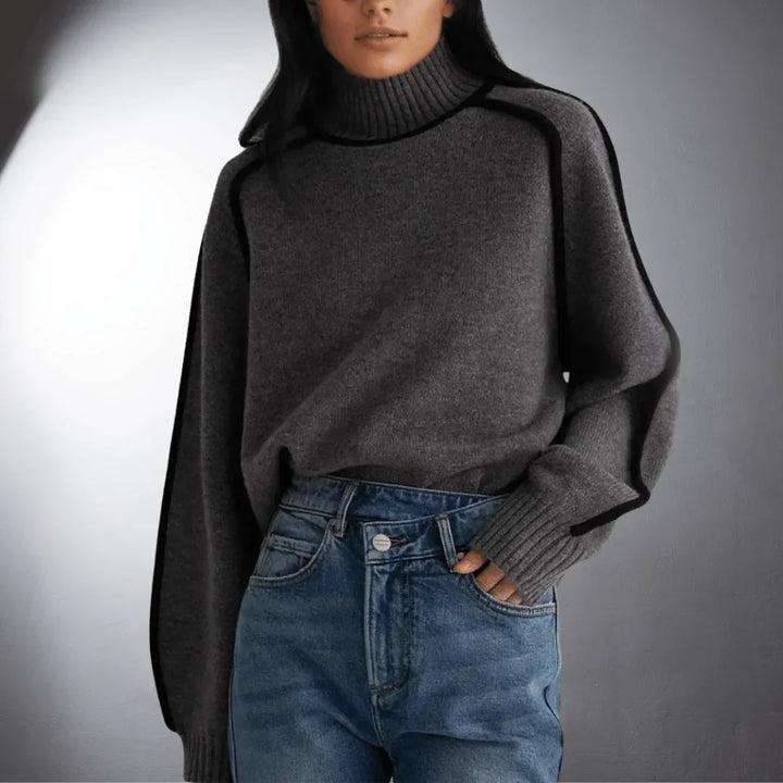 Women's Relaxed-Fit Knit Sweater – Turtleneck And Contrasting Raglan Sleeves