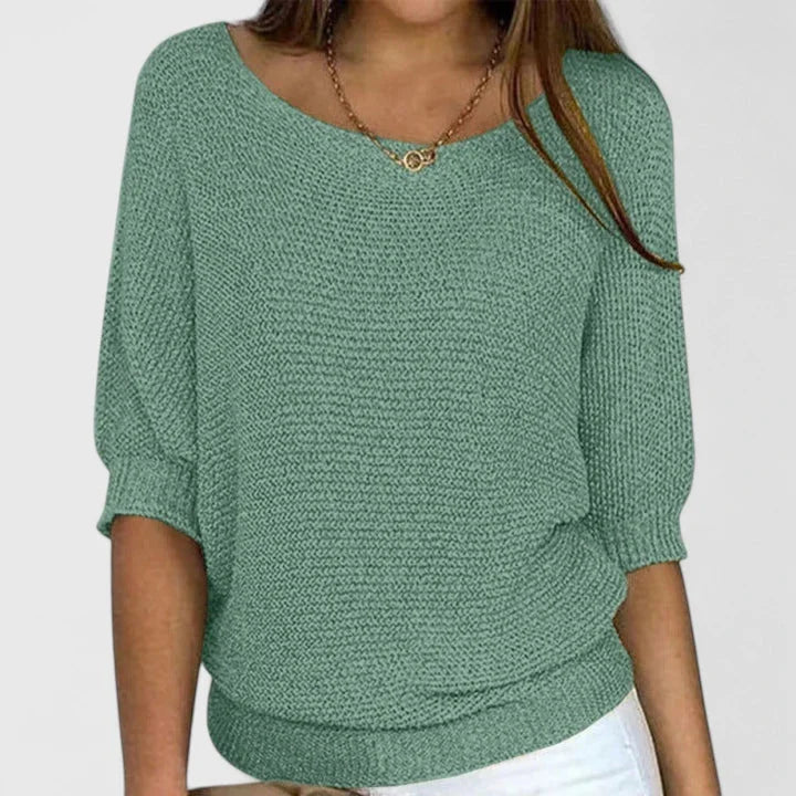 Women's Relaxed Fit Knit Sweater – Wide Scoop-Neck And 3/4-Sleeves