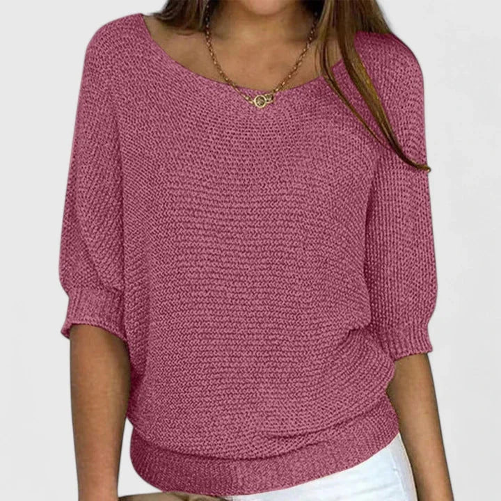 Women's Relaxed Fit Knit Sweater – Wide Scoop-Neck And 3/4-Sleeves