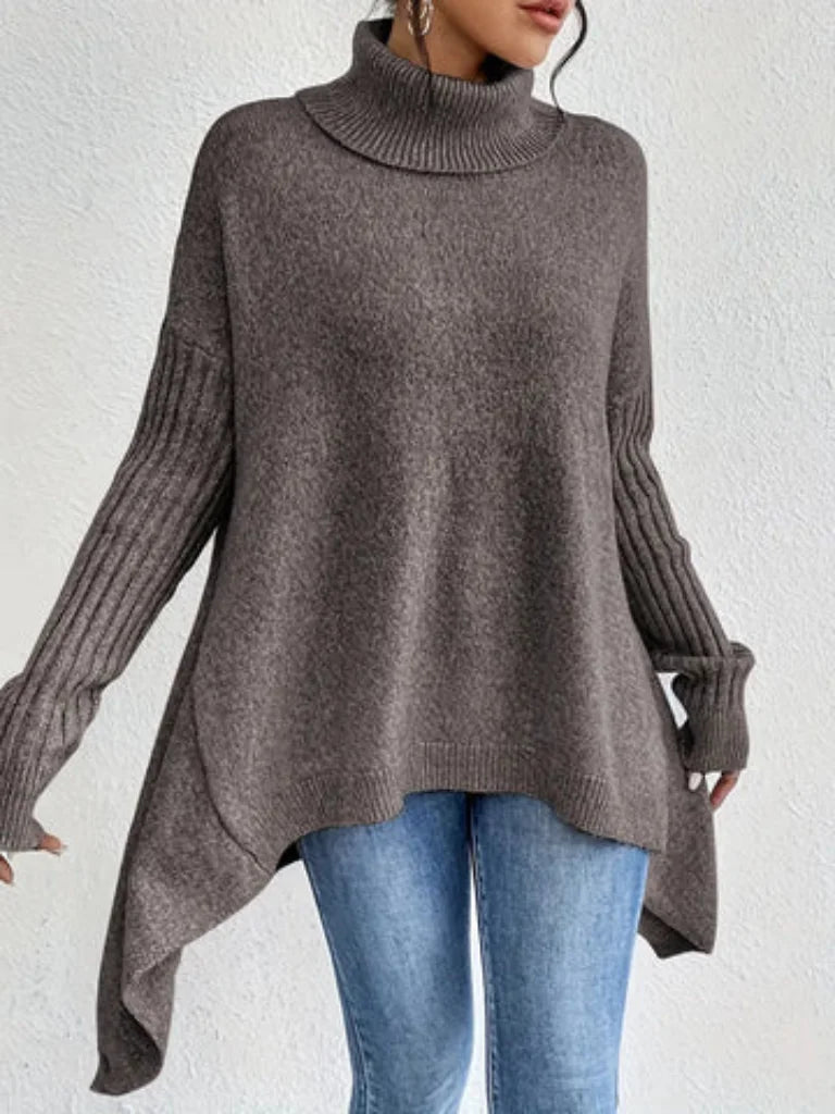Women's Relaxed-Fit Long Sleeve Knit Sweater – Cowl-Neck And Asymmetric Hem