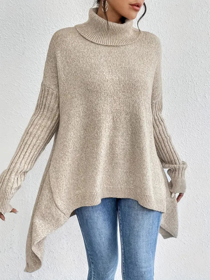 Women's Relaxed-Fit Long Sleeve Knit Sweater – Cowl-Neck And Asymmetric Hem