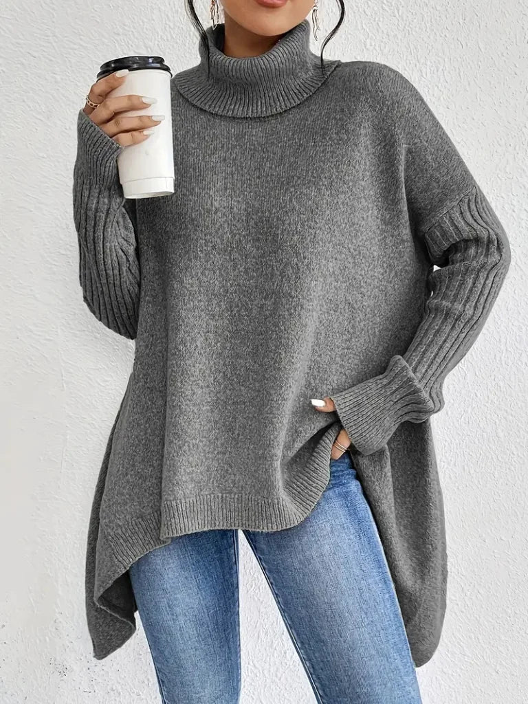 Women's Relaxed-Fit Long Sleeve Knit Sweater – Cowl-Neck And Asymmetric Hem
