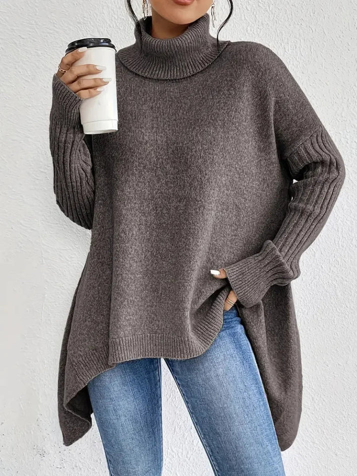 Women's Relaxed-Fit Long Sleeve Knit Sweater – Cowl-Neck And Asymmetric Hem