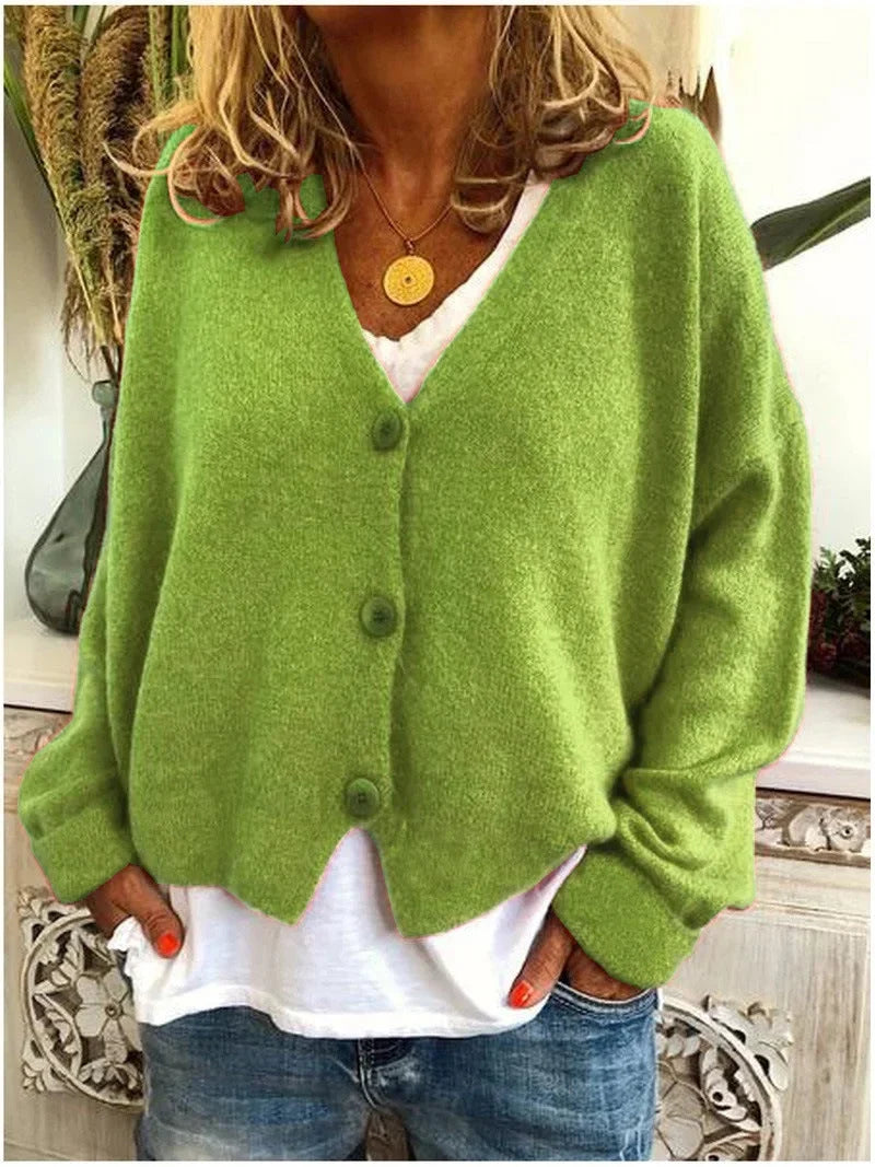 Women's Relaxed Knit Sweater Cardigan – V-Neck And Dropped-Shoulder Long Sleeves