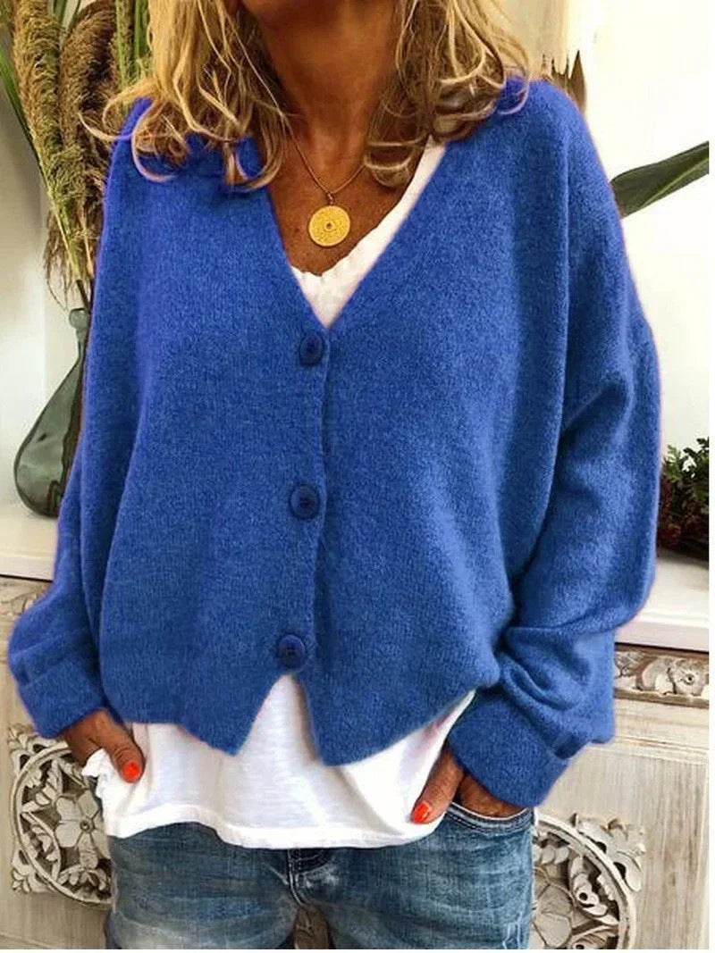 Women's Relaxed Knit Sweater Cardigan – V-Neck And Dropped-Shoulder Long Sleeves