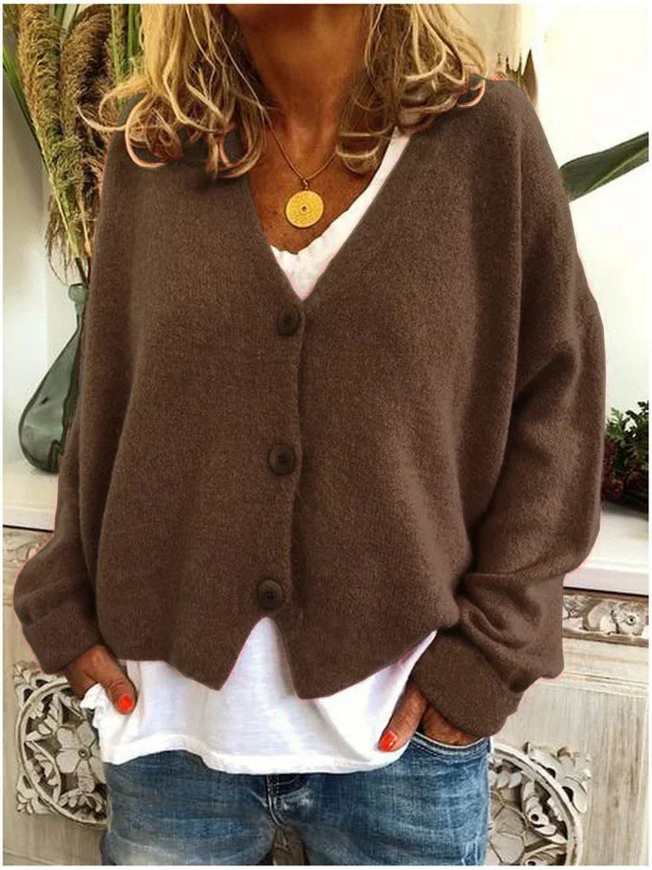 Women's Relaxed Knit Sweater Cardigan – V-Neck And Dropped-Shoulder Long Sleeves