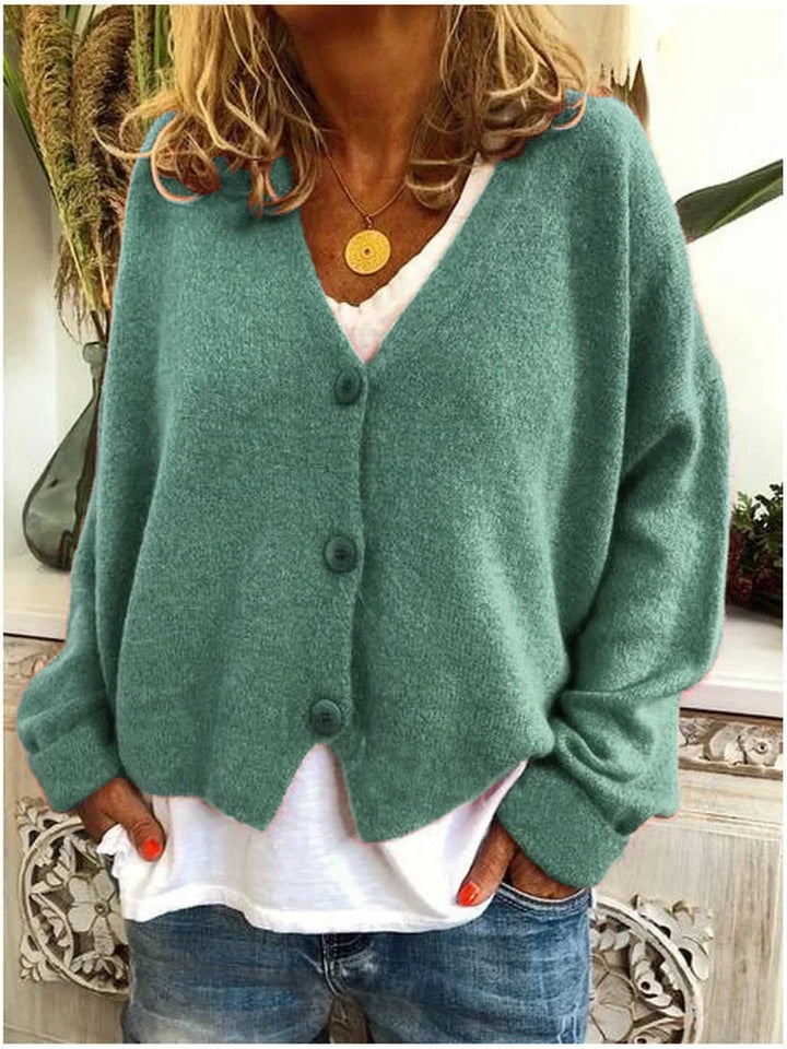 Women's Relaxed Knit Sweater Cardigan – V-Neck And Dropped-Shoulder Long Sleeves