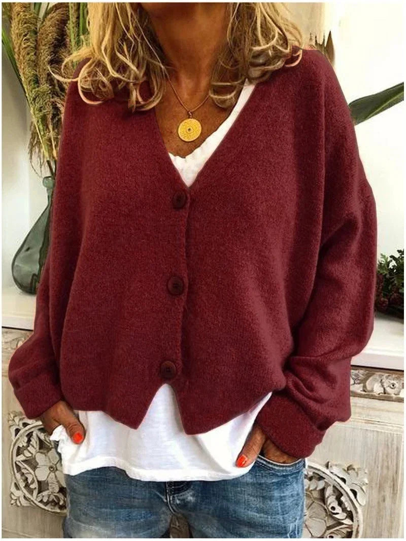Women's Relaxed Knit Sweater Cardigan – V-Neck And Dropped-Shoulder Long Sleeves