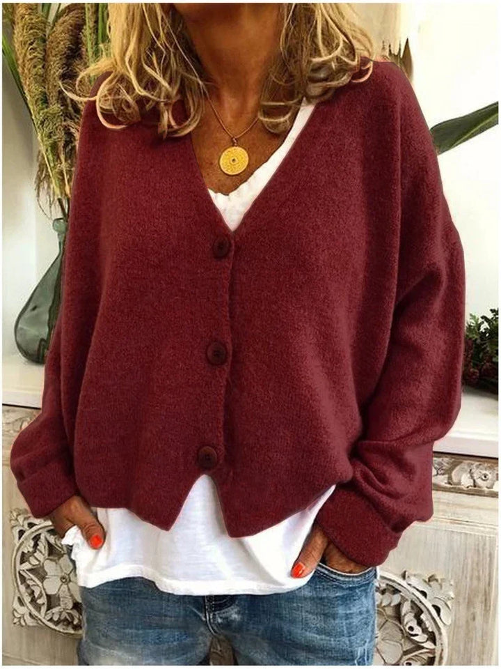 Women's Relaxed Knit Sweater Cardigan – V-Neck And Dropped-Shoulder Long Sleeves