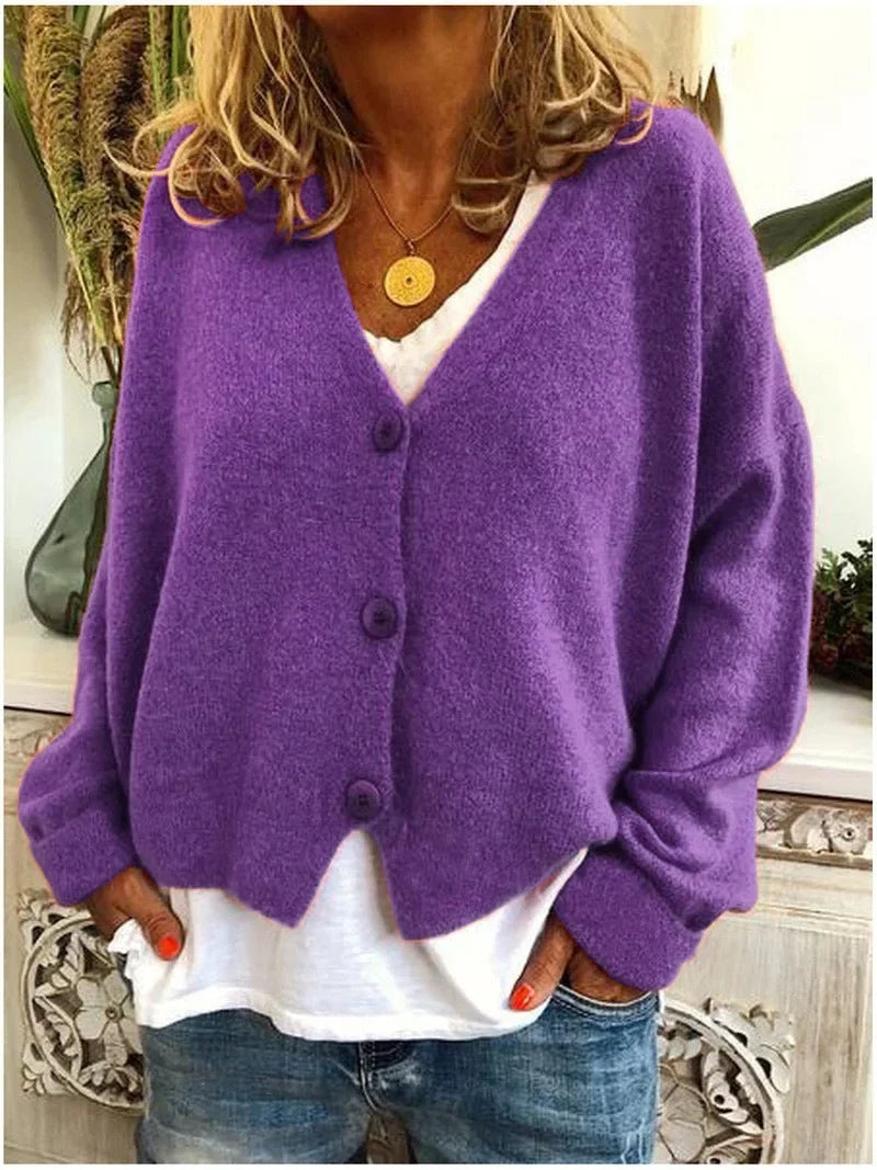 Women's Relaxed Knit Sweater Cardigan – V-Neck And Dropped-Shoulder Long Sleeves
