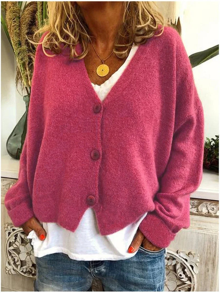 Women's Relaxed Knit Sweater Cardigan – V-Neck And Dropped-Shoulder Long Sleeves