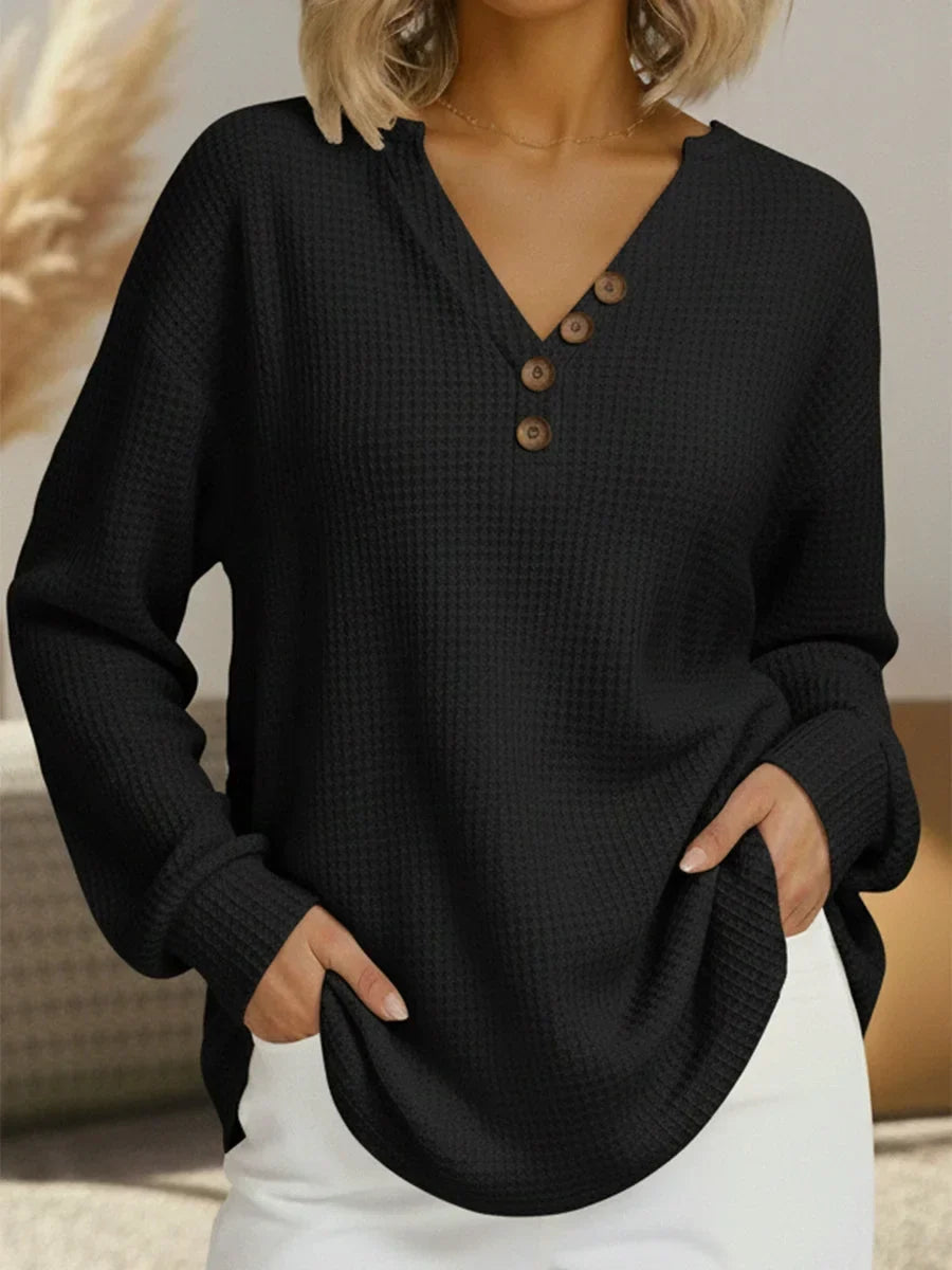Women's Relaxed Long Sleeve Waffle Knit Sweater – Button V-Neck