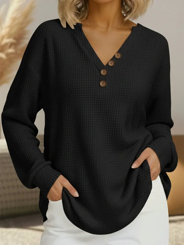Women's Relaxed Long Sleeve Waffle Knit Sweater – Button V-Neck