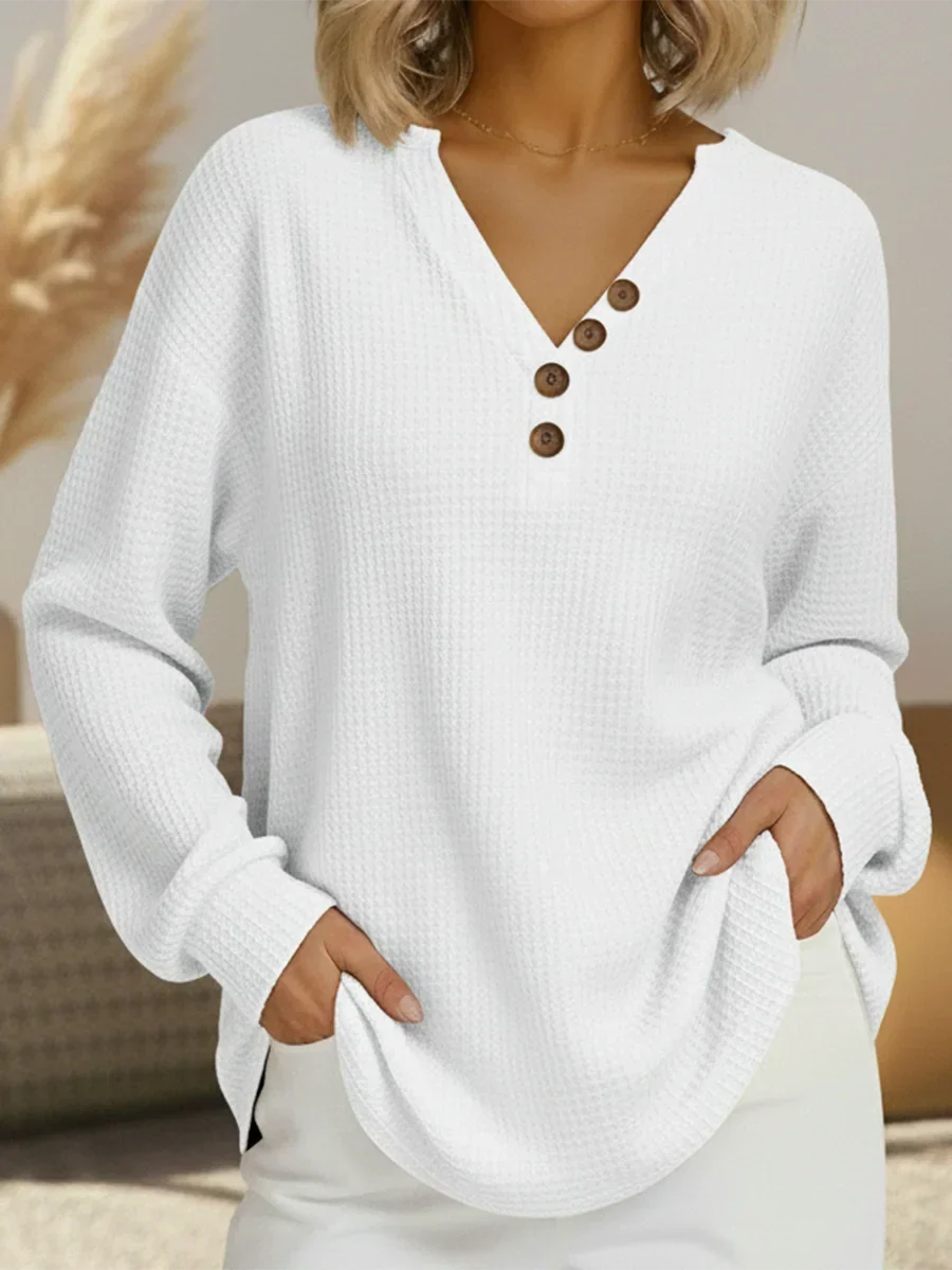 Women's Relaxed Long Sleeve Waffle Knit Sweater – Button V-Neck
