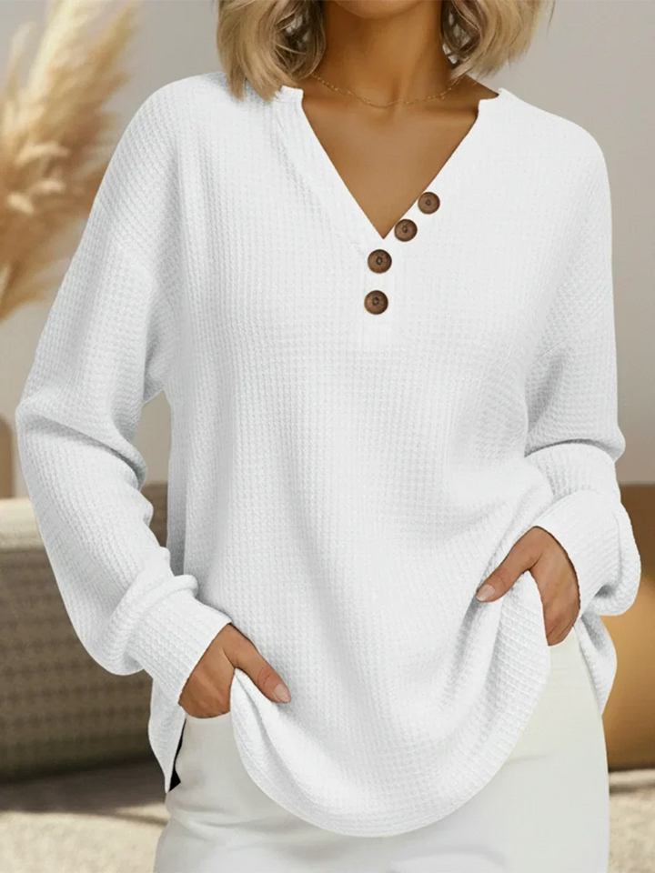 Women's Relaxed Long Sleeve Waffle Knit Sweater – Button V-Neck