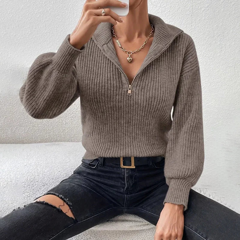 Women's Half-Zip Ribbed Knitted Jumper – Stand Collar