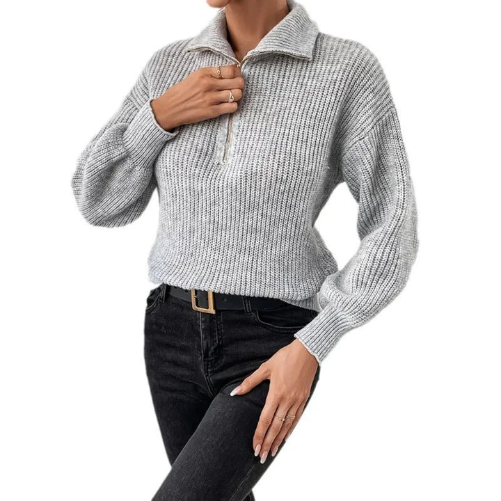 Women's Half-Zip Ribbed Knitted Jumper – Stand Collar