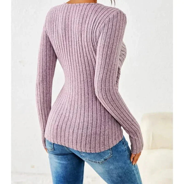 Women's Ribbed Knit Long-Sleeve V-Neck Wrap Top – Side Button Detail