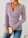 Women's Ribbed Knit Long-Sleeve V-Neck Wrap Top – Side Button Detail