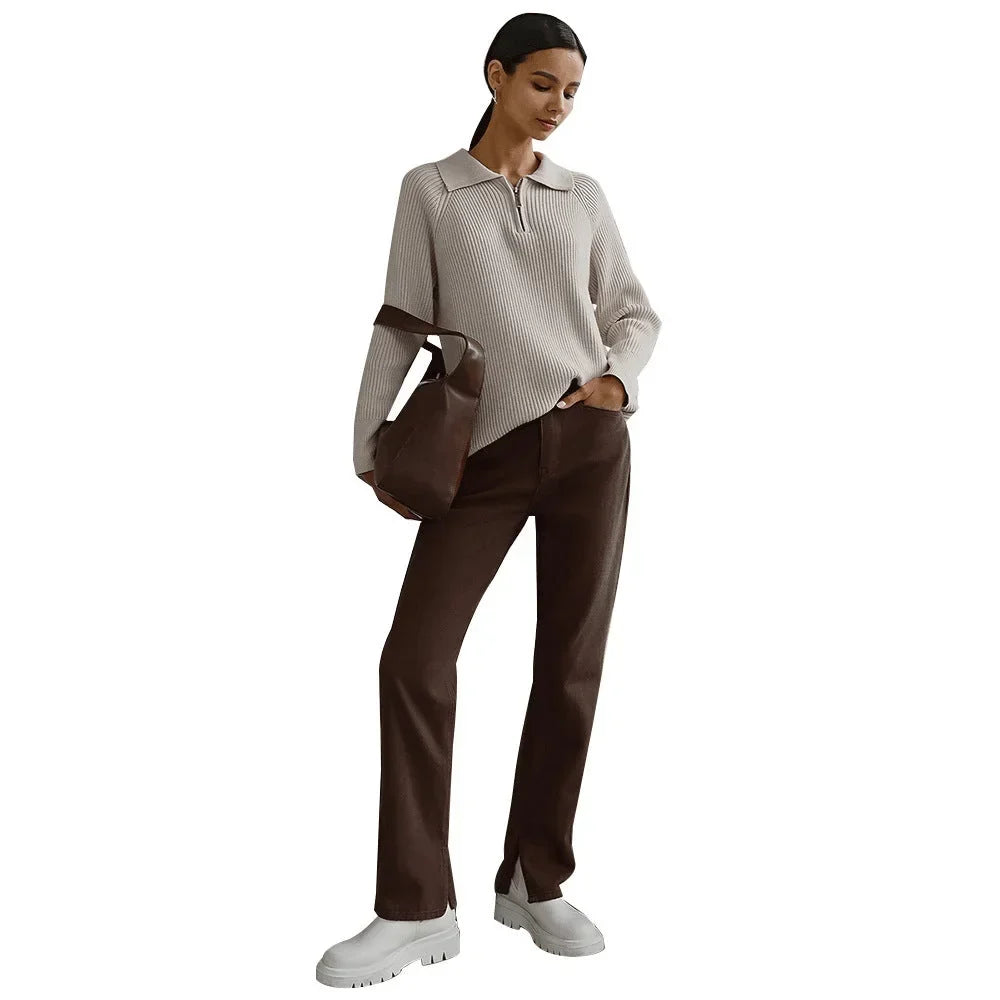 Women's Ribbed Knit Sweater – Half-Zip Polo Collar And Long Raglan Sleeves