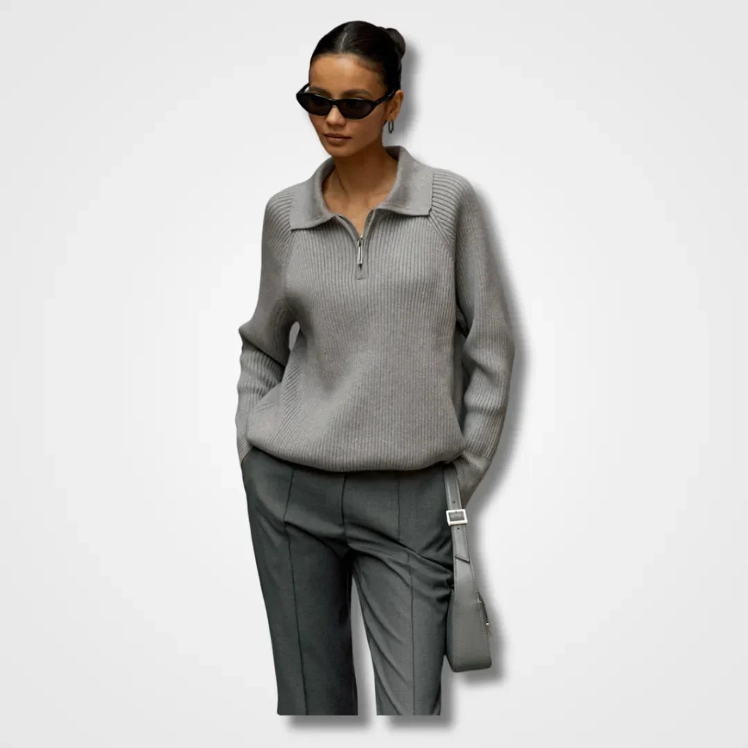 Women's Ribbed Knit Sweater – Half-Zip Polo Collar And Long Raglan Sleeves