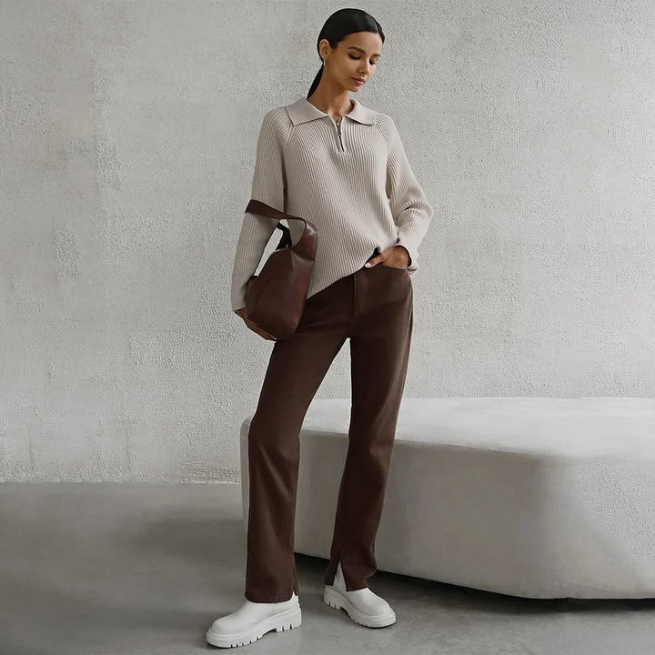 Women's Ribbed Knit Sweater – Half-Zip Polo Collar And Long Raglan Sleeves