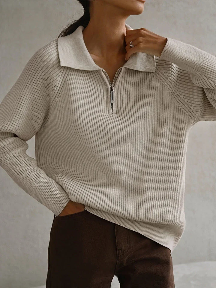 Women's Ribbed Knit Sweater – Half-Zip Polo Collar And Long Raglan Sleeves