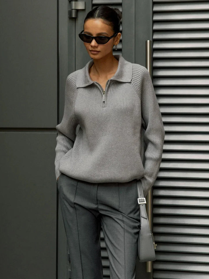 Women's Ribbed Knit Sweater – Half-Zip Polo Collar And Long Raglan Sleeves