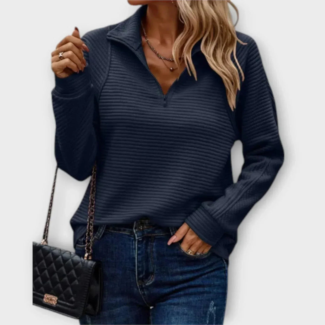 Women's Ribbed Knit Sweater – Half-Zip Stand-Up Collar