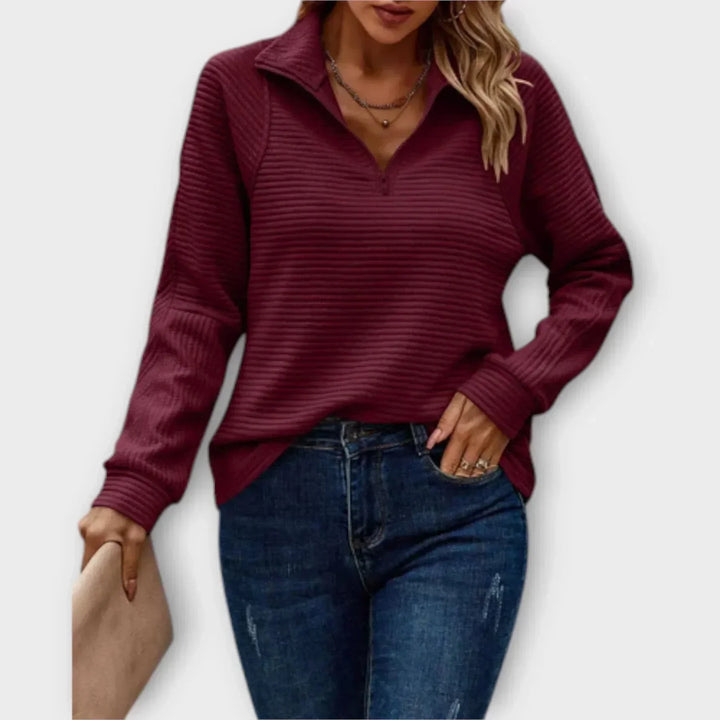 Women's Ribbed Knit Sweater – Half-Zip Stand-Up Collar