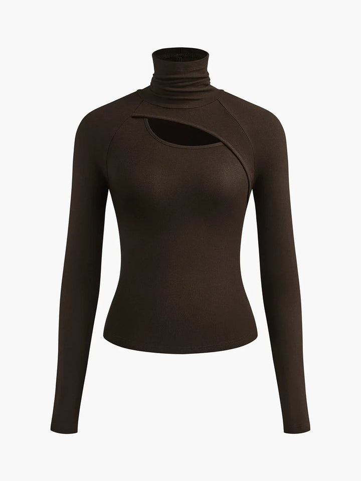 Women's Ribbed Knit Turtleneck Fitted Top – Long-Sleeve Cut-Out Design