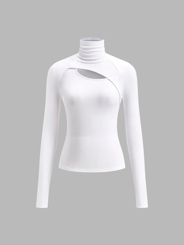 Women's Ribbed Knit Turtleneck Fitted Top – Long-Sleeve Cut-Out Design
