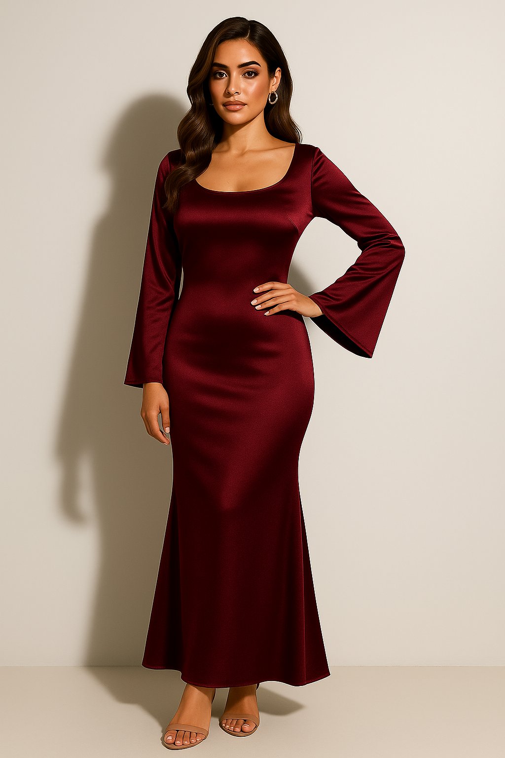 Women's Maxi Dress – Long Sleeve Satin Fishtail