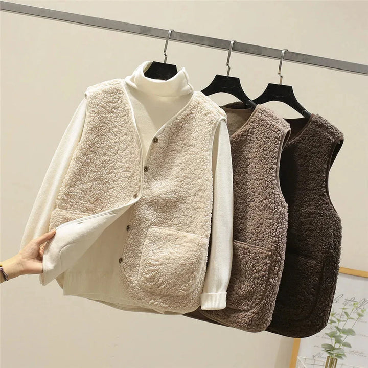 Women's Sherpa Vest – Button-Front V-Neck And Patch Pockets