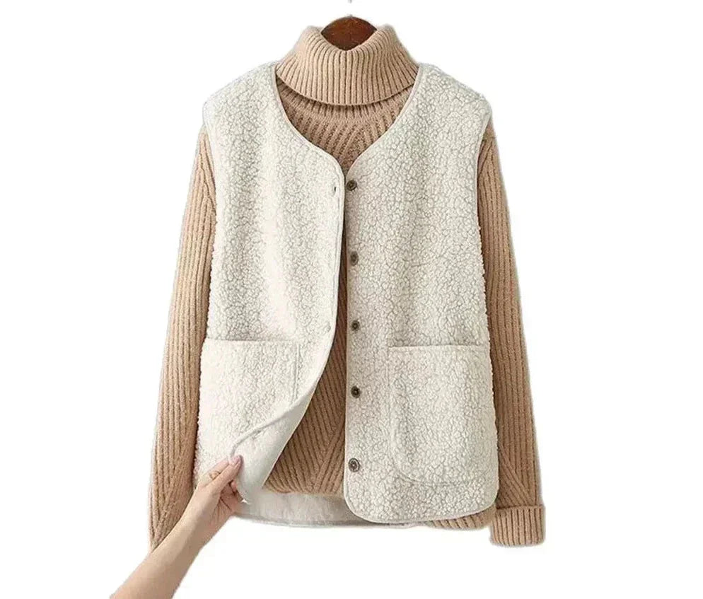 Women's Sherpa Vest – Button-Front V-Neck And Patch Pockets