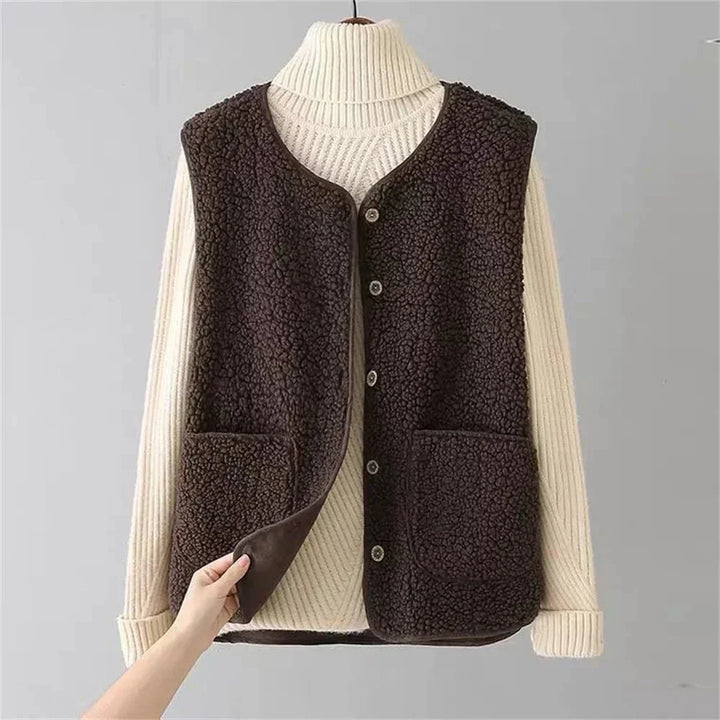 Women's Sherpa Vest – Button-Front V-Neck And Patch Pockets