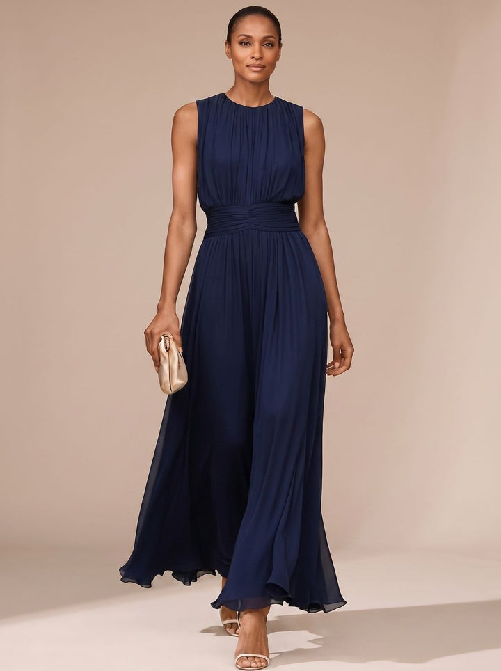 Women's Maxi Dress – Pleated Ruched Waist