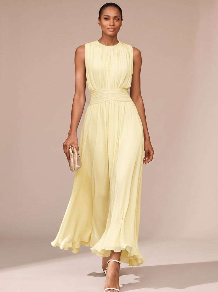 Women's Maxi Dress – Pleated Ruched Waist